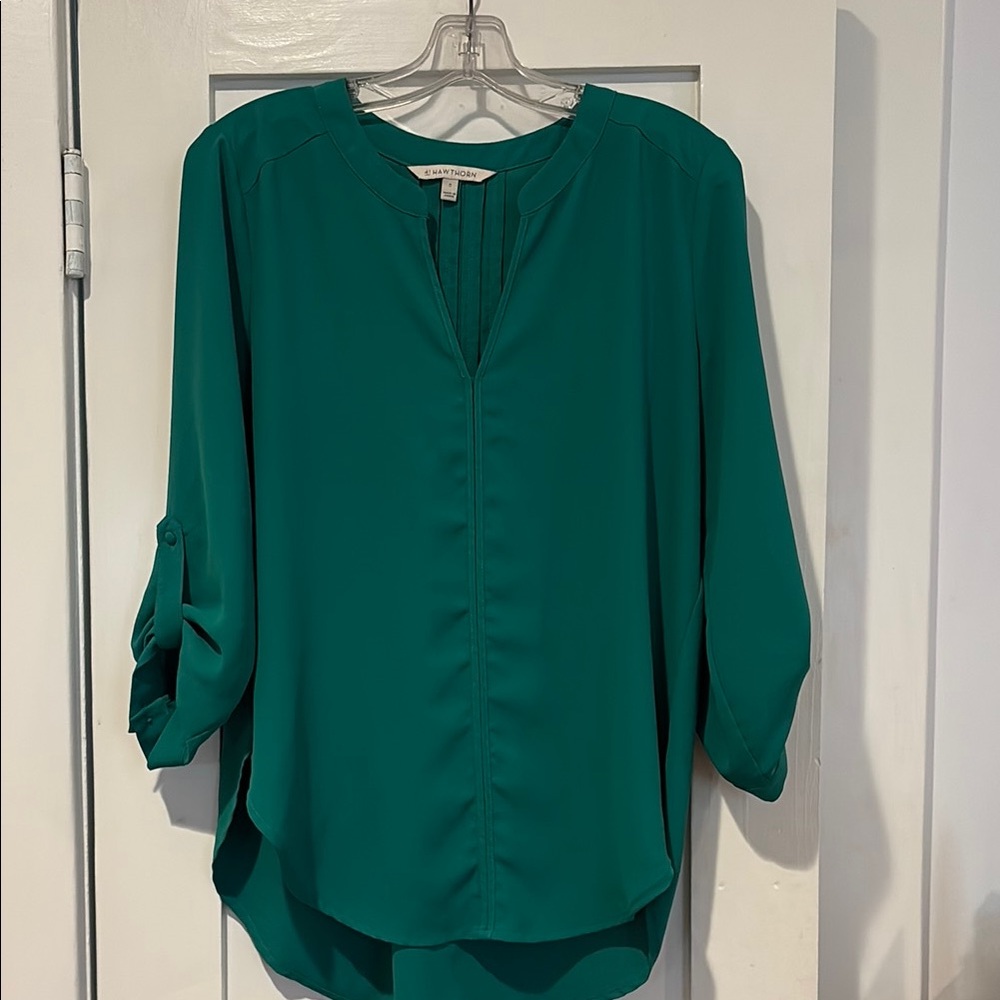 Green Cuffed Sleeve Blouse with Mandarin Collar